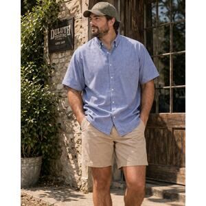 Duluth Trading Co Blue Chambray Short Sleeve Button Down Shirt 2XLT Tall